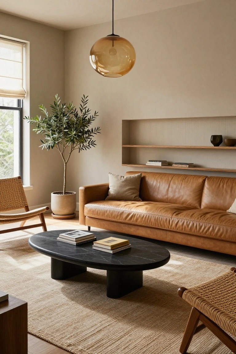 A beige living room with tan leather sofa, black oval coffee table, potted olive tree, rattan chairs, wood shelves, and blown glass pendant light near a window.