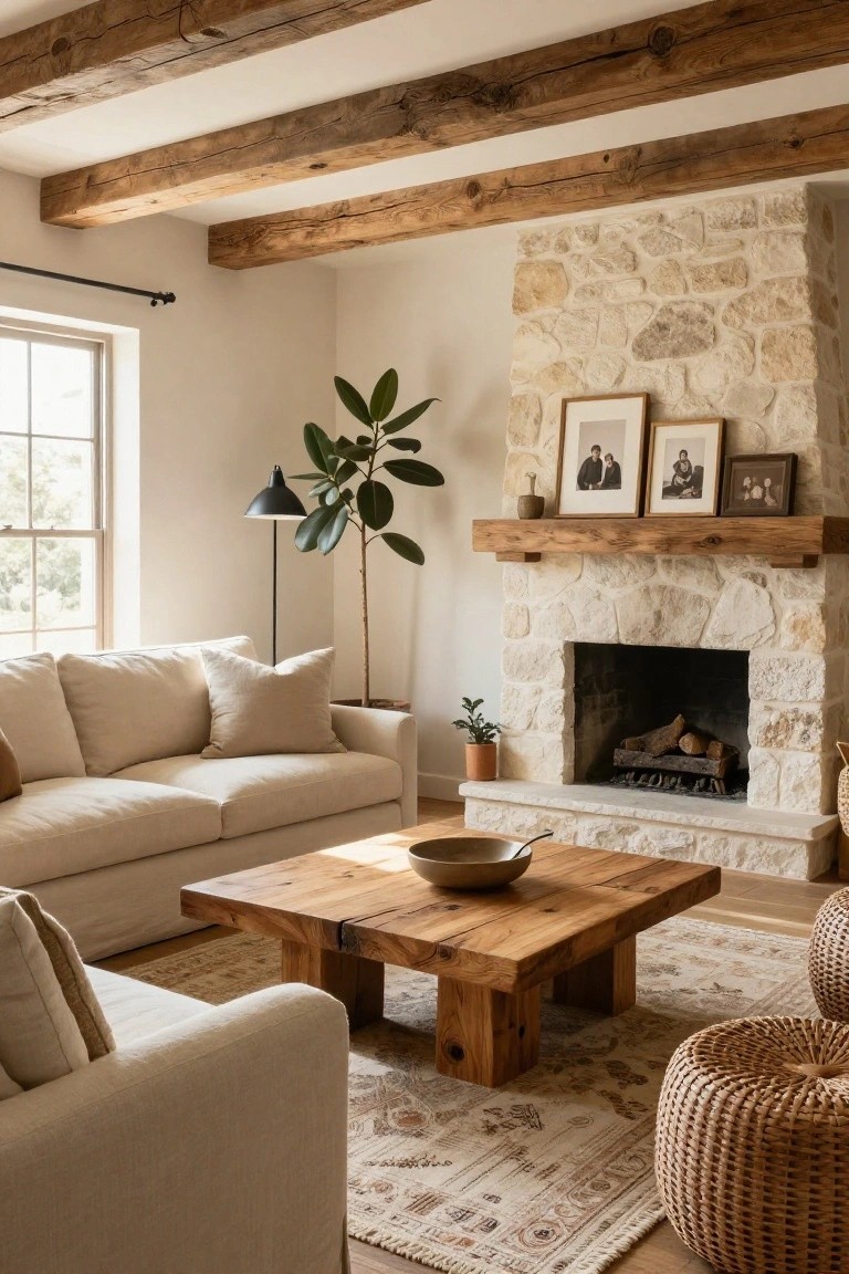 Living room with exposed dark wooden ceiling beams, beige stone fireplace and mantel, cream linen sofa, large wooden coffee table, potted plants, floor lamp, framed photos, and neutral patterned rug on wood floors.