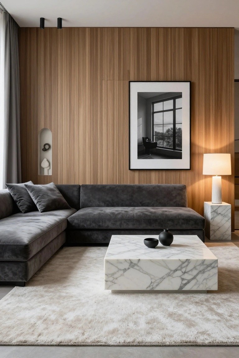 Modern living room featuring a gray velvet L-shaped sofa, white marble coffee table with black pottery, vertical light wood slat wall paneling, large black-framed photo, and neutral rug on light floor.