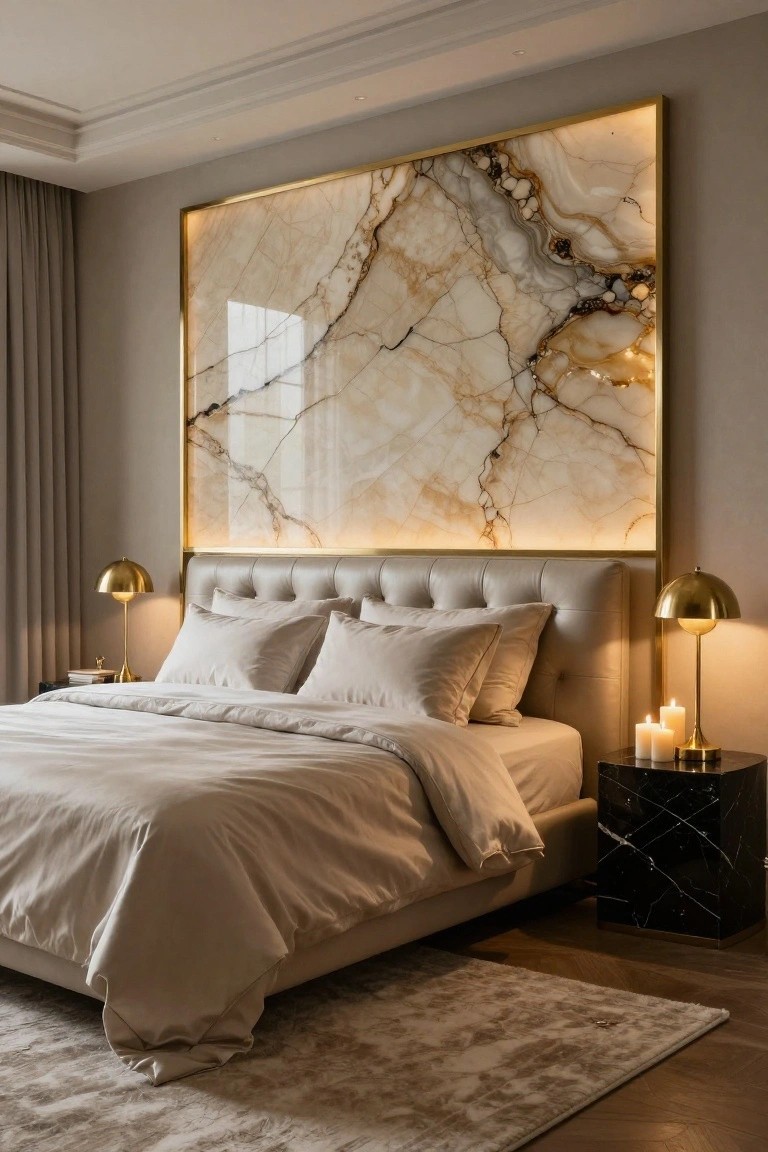 A bedroom with a large backlit beige marble panel in a gold frame mounted above a beige tufted upholstered bed, gold dome lamps on black marble nightstands with candles, beige linens, and a light rug on wood floors.
