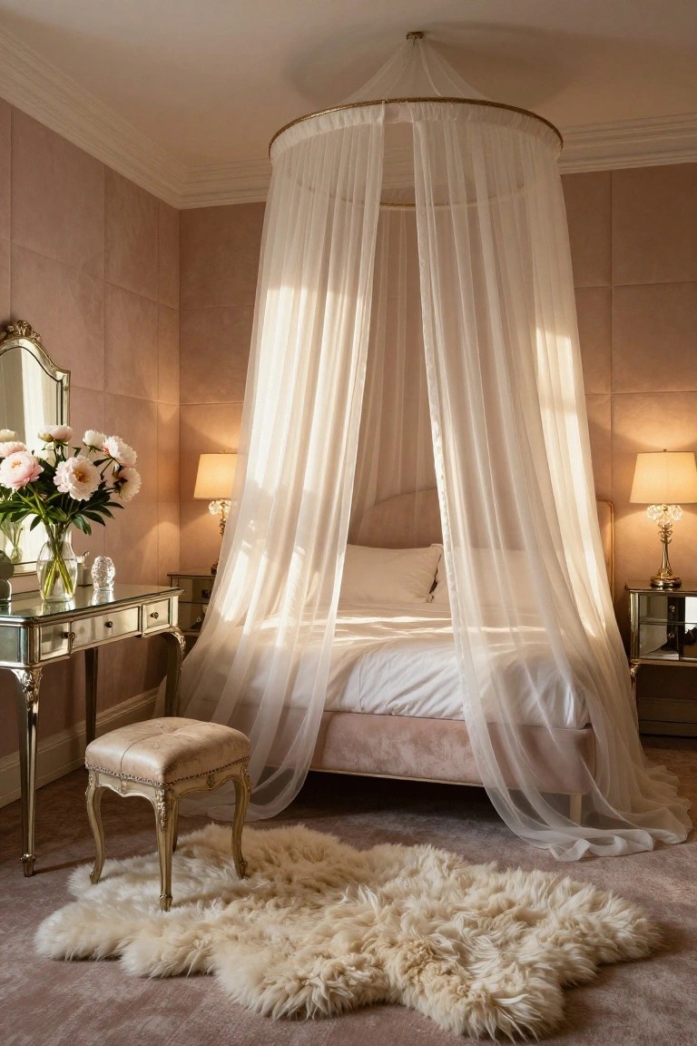 Bedroom with blush pink tufted accent walls, white canopy bed on pink upholstered frame, glass vanity table with stool, lamps, flowers, and sheepskin rug on matching carpet.