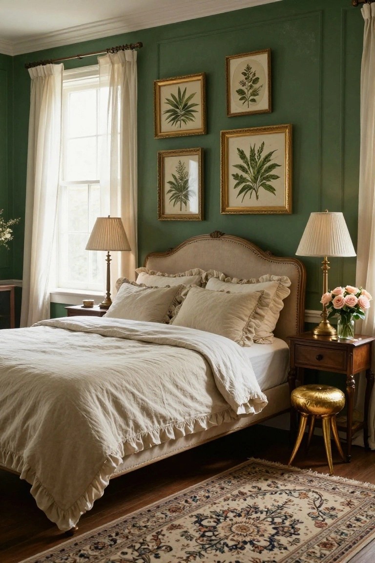 A bedroom with deep green paneled accent walls displaying gold-framed botanical prints above a beige tufted bed, brass lamps on wood nightstands, white curtains on windows, and a patterned rug on hardwood floors.