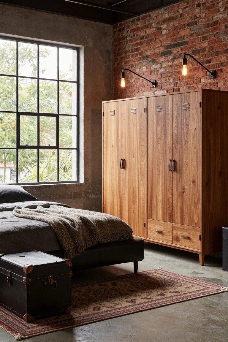 Bedroom with exposed brick accent wall, tall wooden wardrobe with slatted doors, low platform bed with gray bedding and knit throw, black leather trunk, patterned rug on concrete floor, and large industrial window overlooking trees.