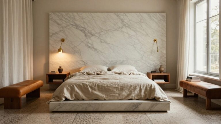 A bedroom interior with a large veined white marble accent wall behind a wooden bed frame, beige linen bedding, gold sconces on the walls, wooden nightstands, and a leather bench at the foot of the bed on a terrazzo floor.