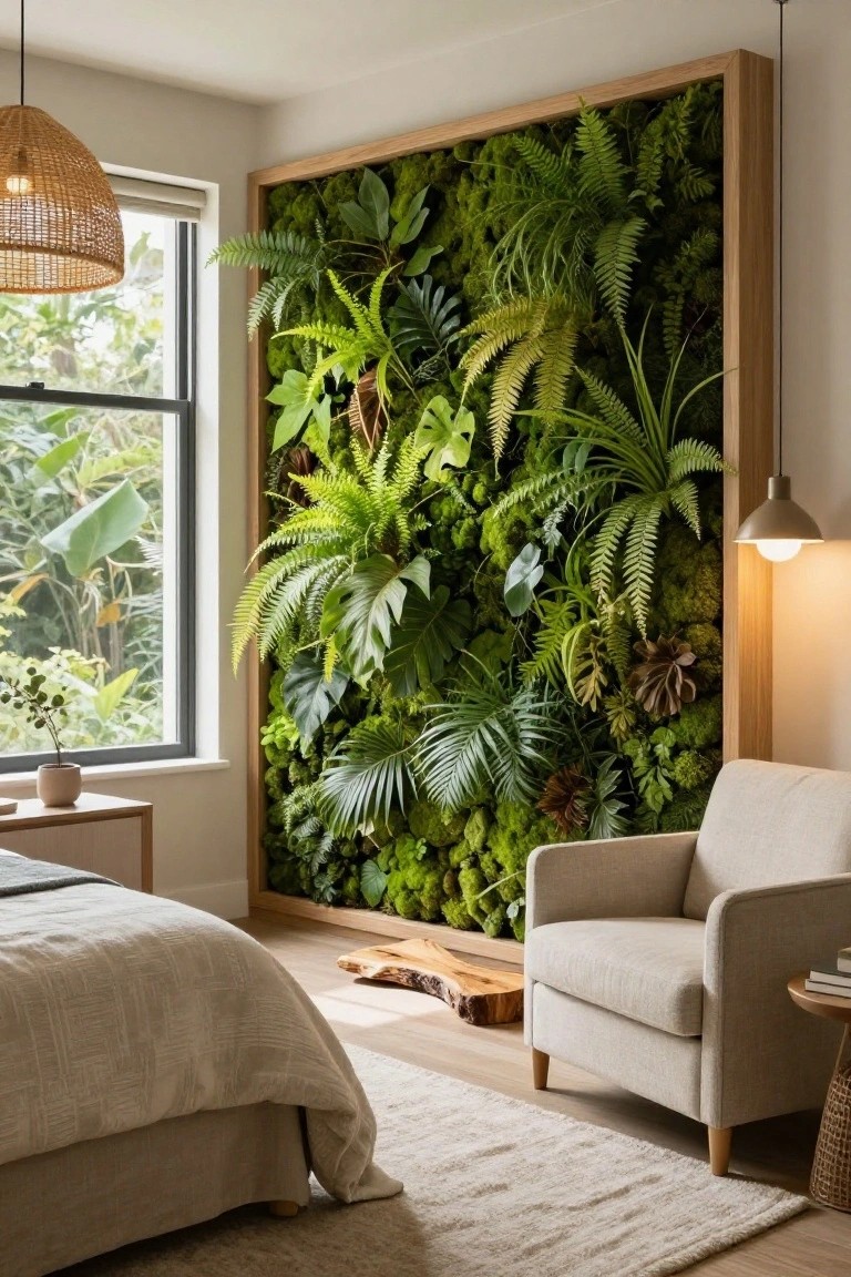 Bedroom with a tall wooden-framed vertical green wall of moss, ferns, and tropical plants next to a large window showing outdoor greenery, a neutral bed, a beige armchair, and wooden side tables on light wood floors.