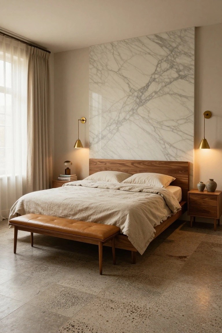 A bedroom interior with a large veined white marble accent wall behind a wooden bed frame, beige linen bedding, gold sconces on the walls, wooden nightstands, and a leather bench at the foot of the bed on a terrazzo floor.