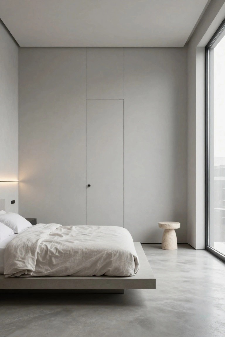 Minimalist bedroom with low gray platform bed draped in white linens, small mushroom-shaped stone stool nearby, tall gray paneled wall with flush door and thin light strip, large window, and polished concrete floor.