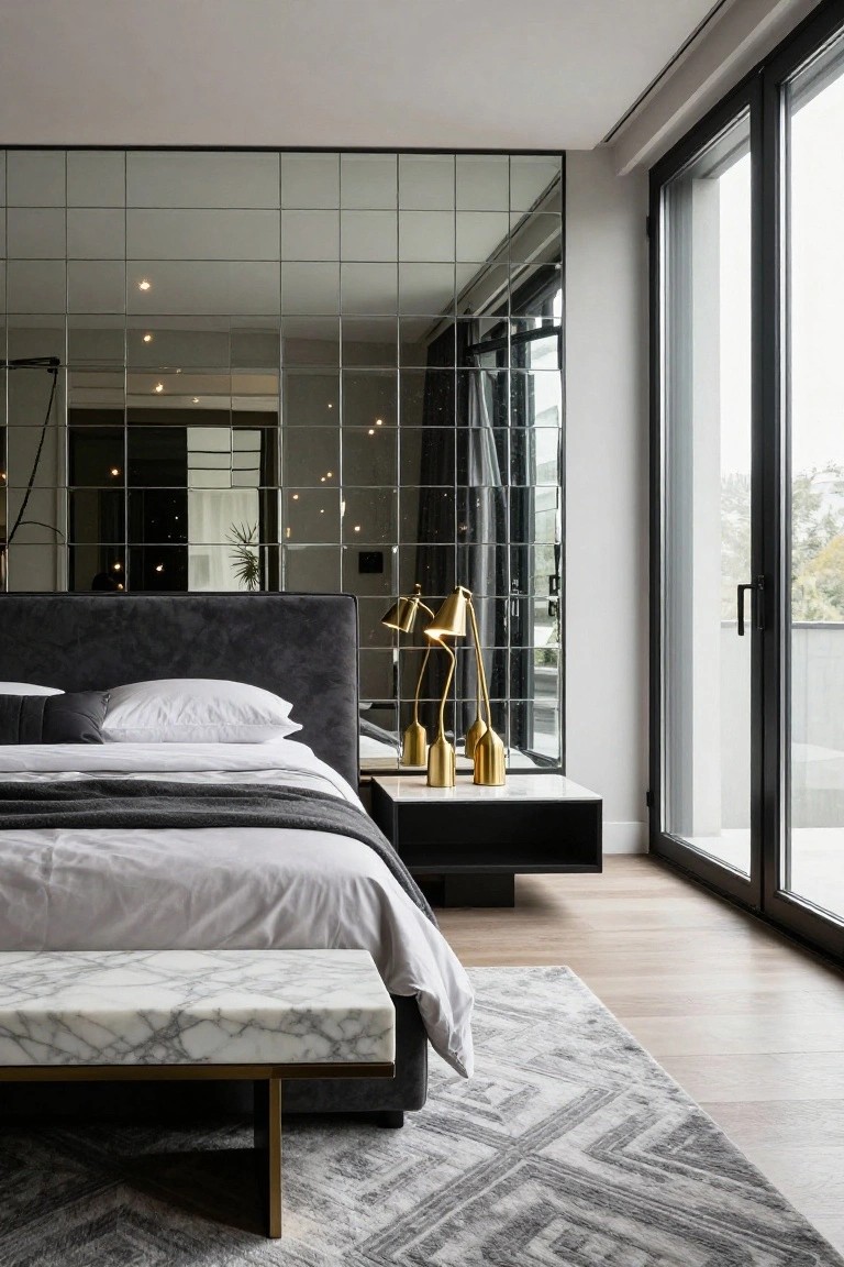 Modern bedroom with a tall wall of square mirrors, dark gray upholstered bed, white sheets and gray duvet, gold lamps on nightstand, white marble bench, and black sliding doors to balcony.