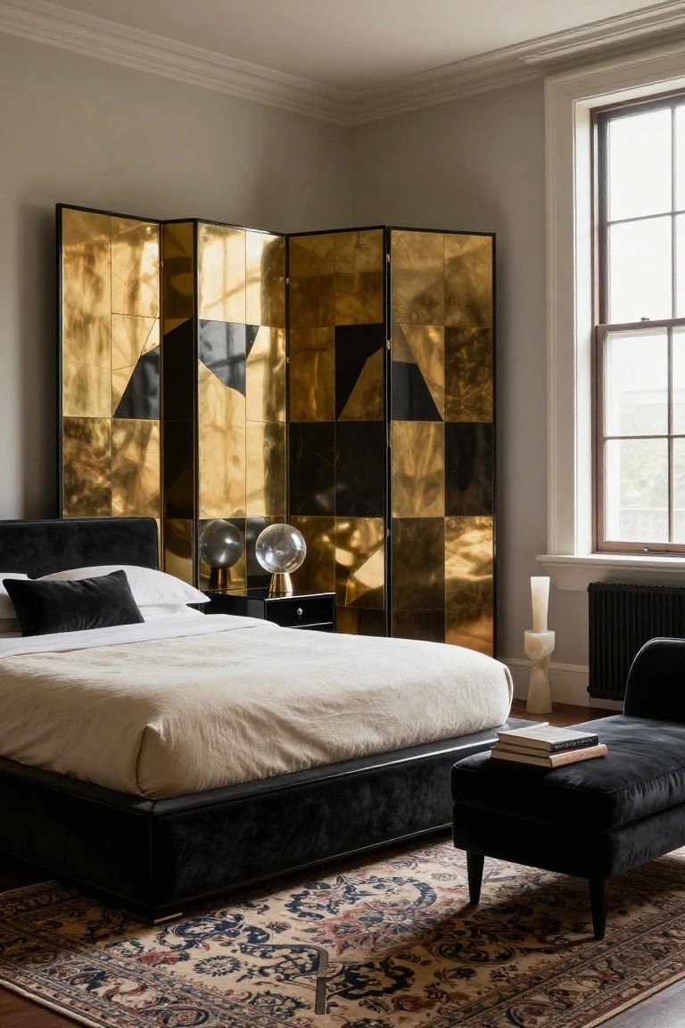 Bedroom with black upholstered platform bed, white linens, black velvet pillows, black nightstand holding two orb lamps, gold and black geometric mirrored folding screen behind bed, white alabaster candle holder, black ottoman with books, oriental rug, and tall window with radiator.