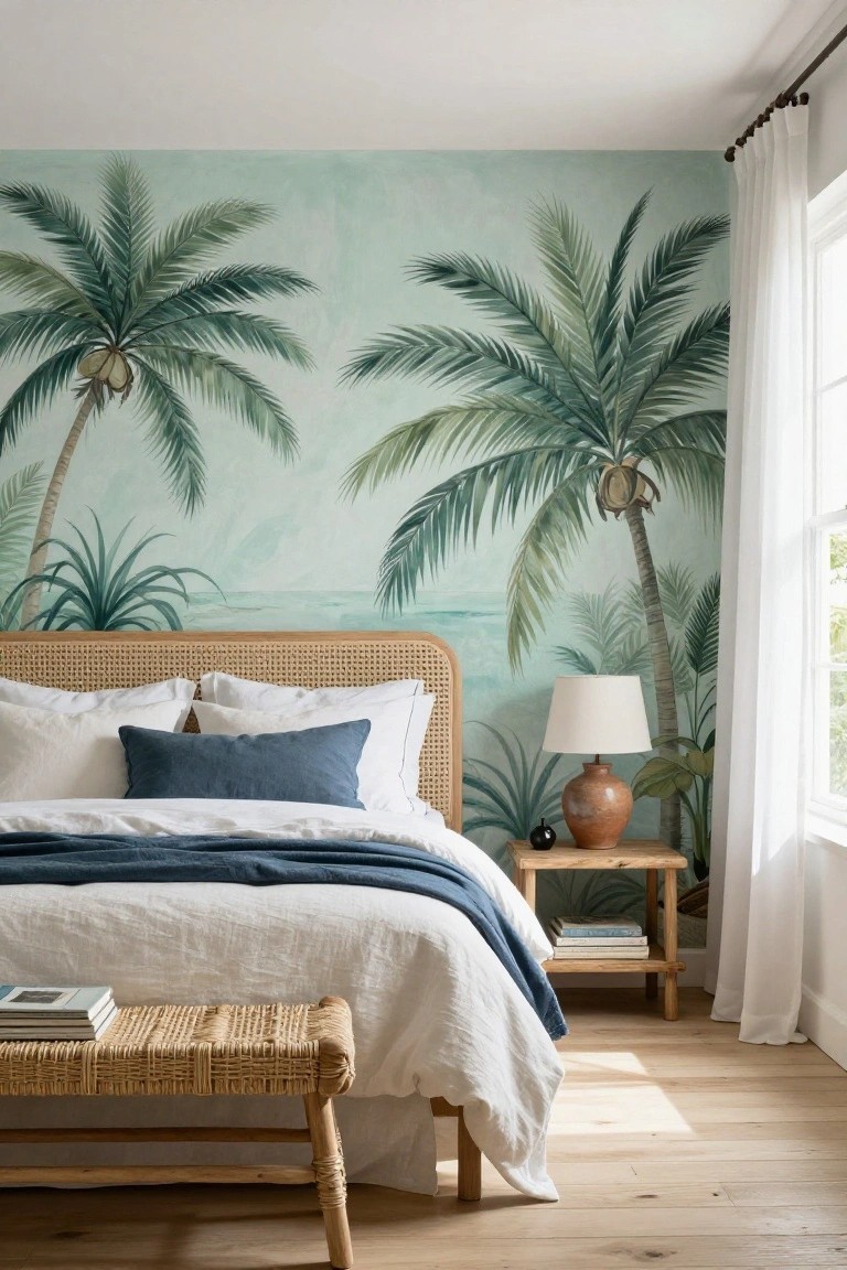 Bedroom with palm tree mural, rattan bed, and wooden nightstand.
