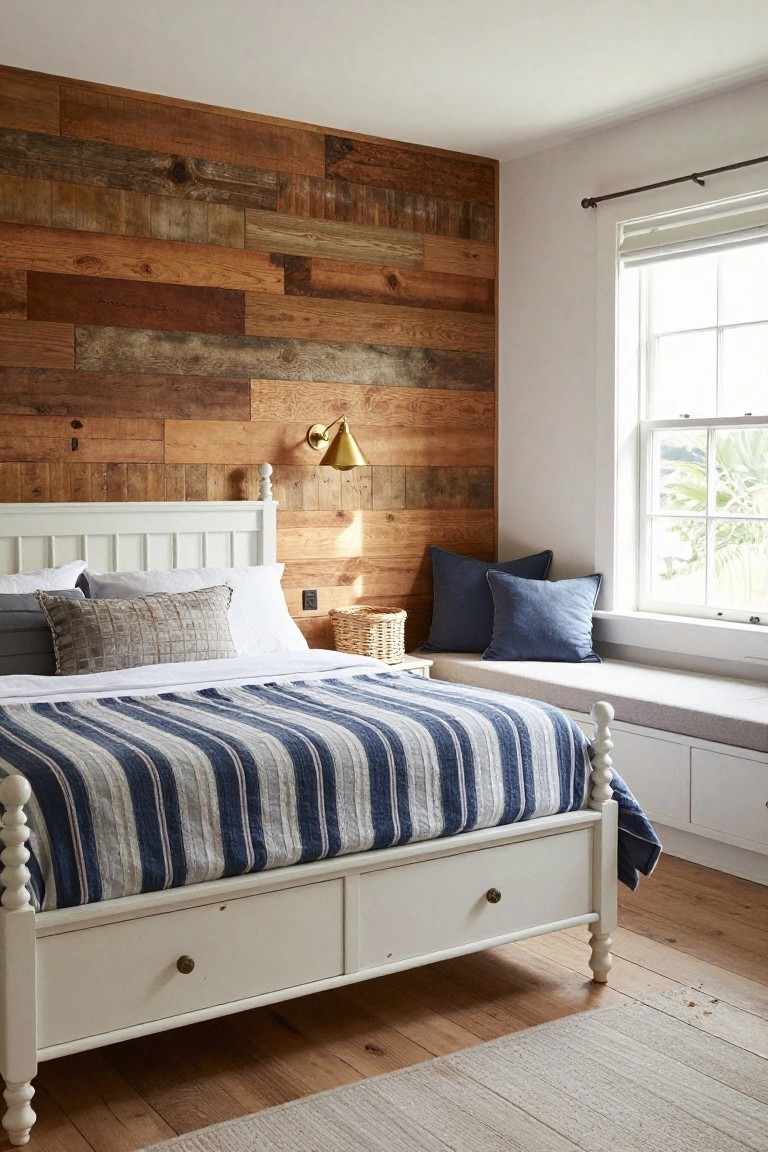 Bedroom with vertical reclaimed wood plank accent wall behind white spindle bed topped with striped blue quilt and pillows, window bench with blue cushions, brass sconce, and hardwood floor.