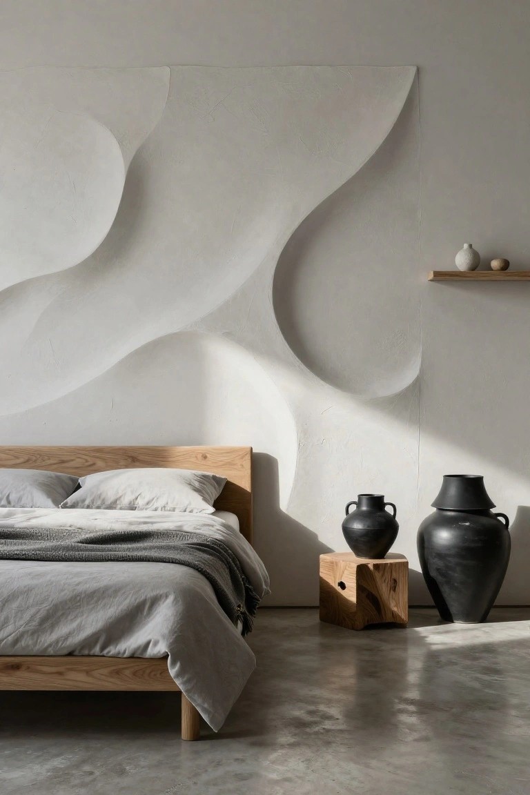 Modern bedroom featuring a light oak platform bed with gray linens and pillows, a large white sculpted plaster wall with wavy organic shapes, black ceramic vases on a wooden stool, a wooden shelf with pottery, and polished concrete floor.