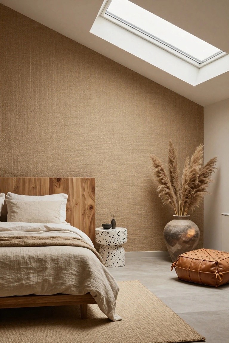 Bedroom with beige textured accent wall behind wooden platform bed dressed in white and beige linens, pampas grass in large terracotta vase, polka-dot side stool, tan leather pouf, and seagrass rug on concrete floor under skylight.