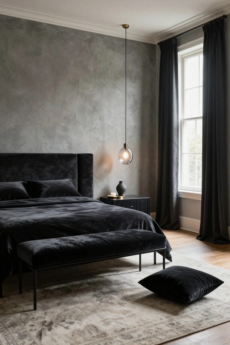 Corner of a luxury bedroom with textured gray plaster walls, black velvet upholstered bed and bench at foot, black nightstand holding a vase and cup, brass pendant light overhead, large window with black curtains, and gray rug on wood floor.