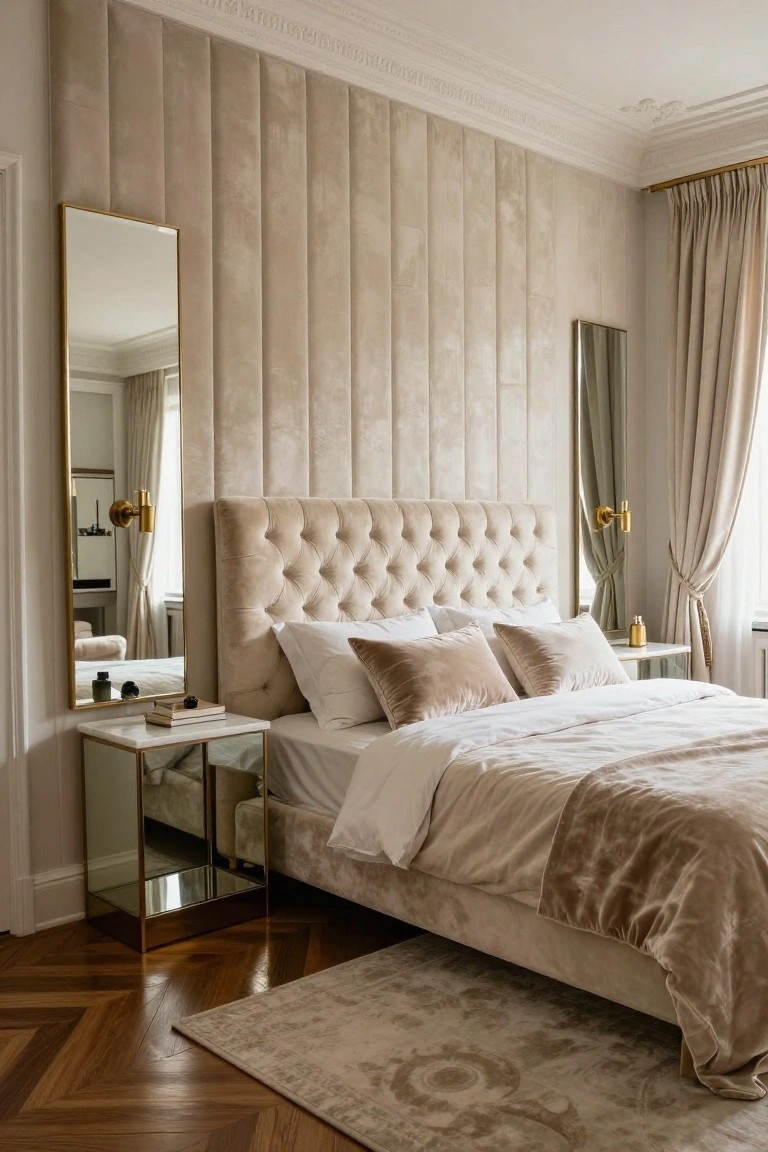 Elegant beige bedroom with tufted velvet bed and mirrored nightstands.