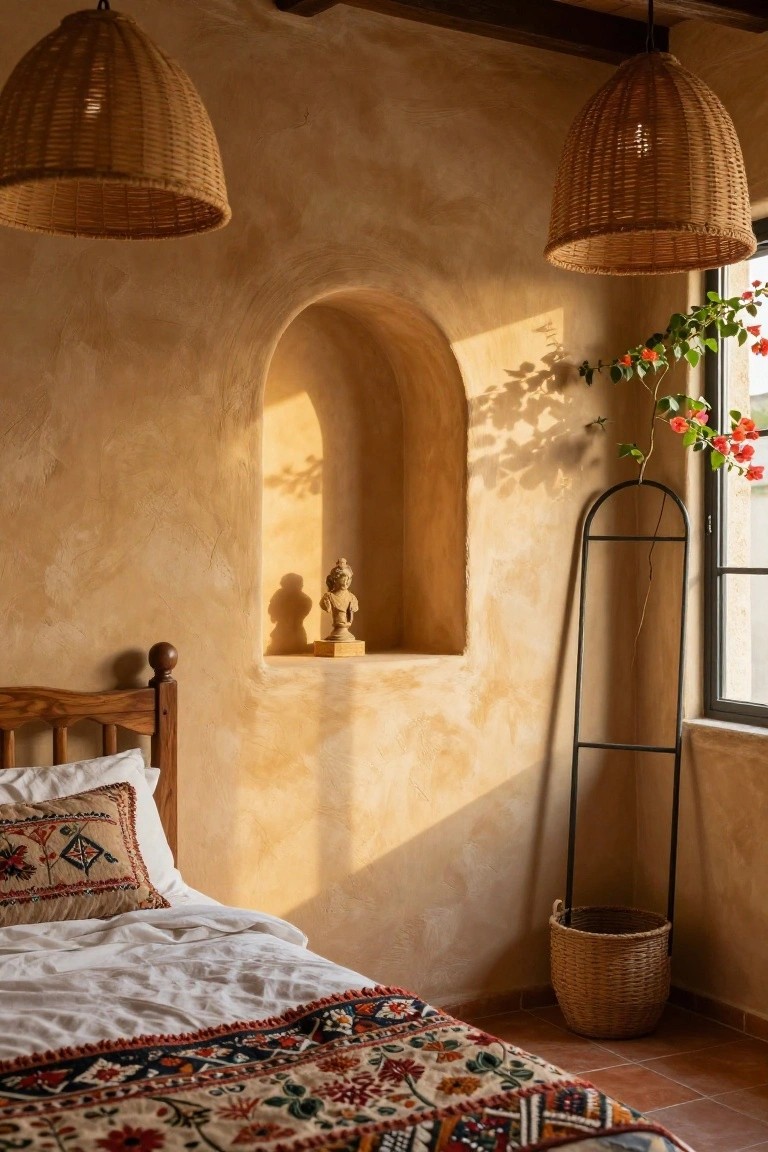 Cozy bedroom with arched niche, woven lamps, and terracotta walls.