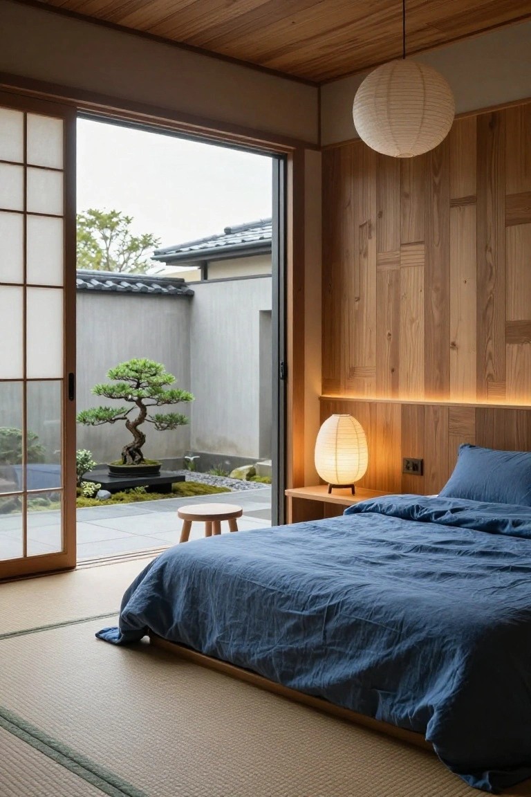 Minimalist bedroom interior with low platform bed draped in navy linens, wood-paneled accent wall with top LED lighting strip, bedside paper lantern on shelf, and open shoji doors revealing small courtyard garden with bonsai tree on stone base.