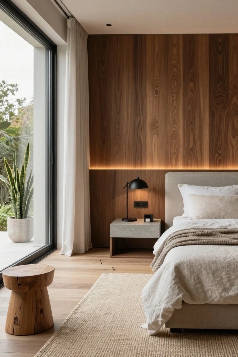 Bedroom with full-height vertical wood panel accent wall behind upholstered bed, LED strip lighting at wall top, concrete nightstand with black lamp, large glass window with white curtains overlooking plants, wooden stool, beige rug on light wood floor.