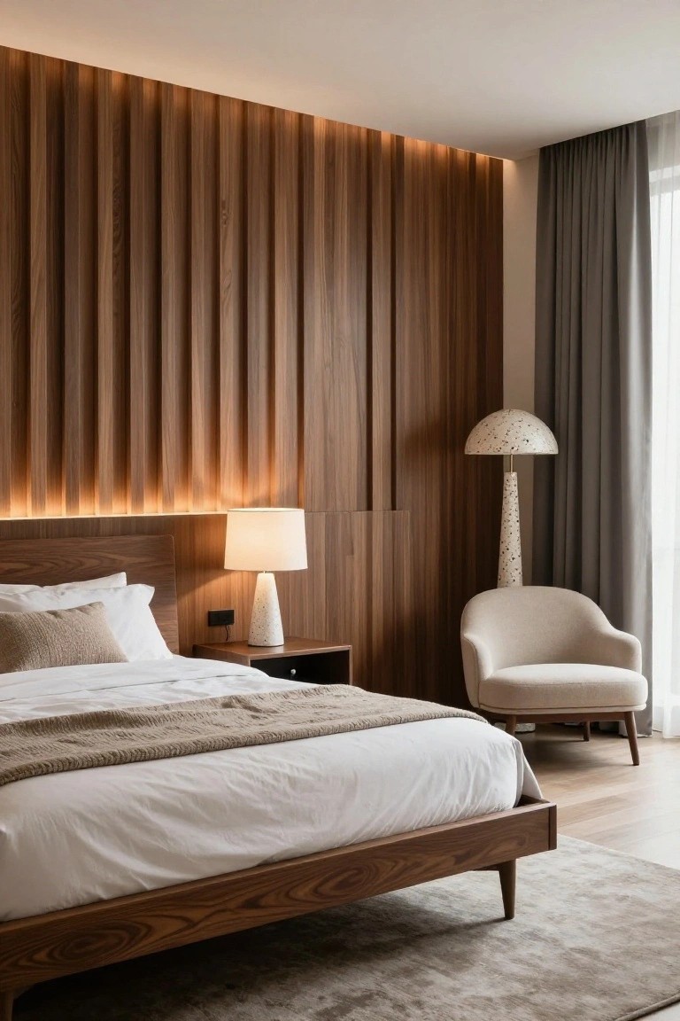 Bedroom with vertical brown wood slat accent wall and backlit LED strips behind a low wooden bed frame, white sheets with beige throw, ceramic table lamps on wood nightstands, cream curved armchair, and gray curtains on large windows.