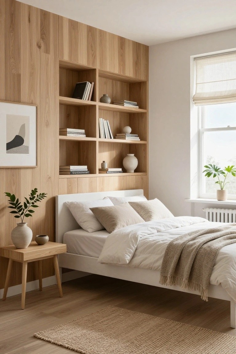 Bedroom featuring a light oak vertical plank accent wall with recessed open shelves holding books and ceramic vases, white upholstered bed with white bedding and beige throw, wooden side table with vase and plant, seagrass rug on light wood floor, near window with linen blinds and potted monstera.