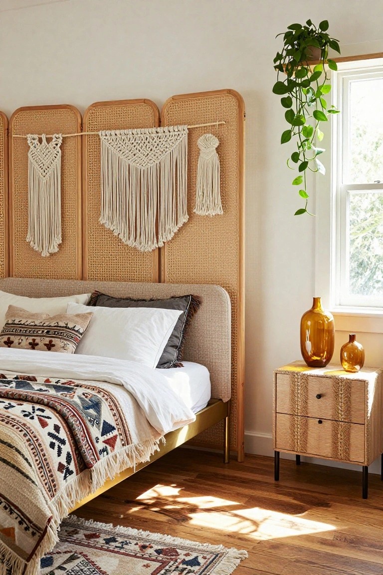 Bedroom interior with multi-panel woven cane headboard accented by white macrame hangings, neutral pillows and duvet on low bed frame, wooden nightstand holding amber glass bottles, trailing green plant in window, and woven rug on hardwood floor.