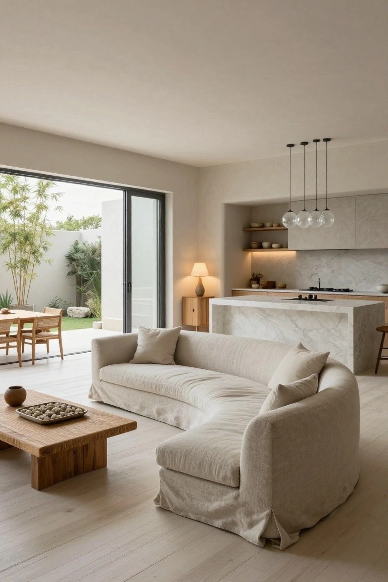 Open plan living room with large curved beige linen sofa, low wooden coffee table holding a tray, white marble kitchen island, pendant lights, and sliding glass doors to garden with bamboo and stone elements.