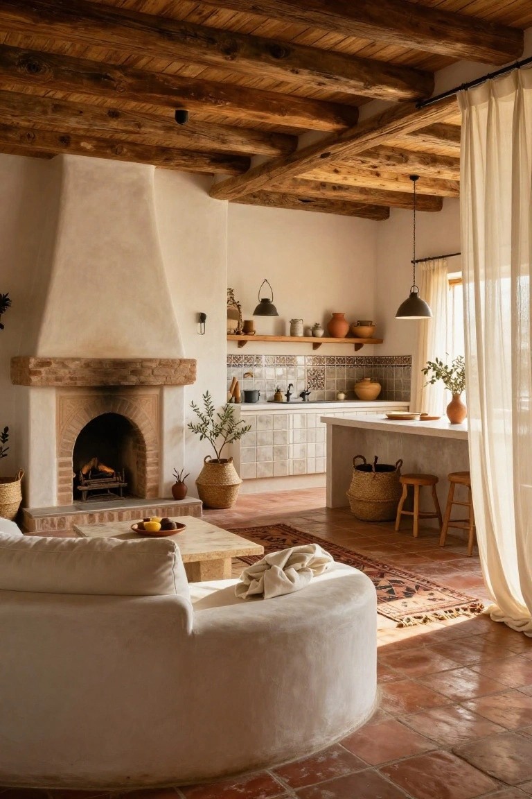 Open-plan interior with curved white sofa facing a beige brick fireplace, adjacent white kitchen cabinets, terracotta tile floors, wooden beamed ceiling, and sheer curtains over windows.