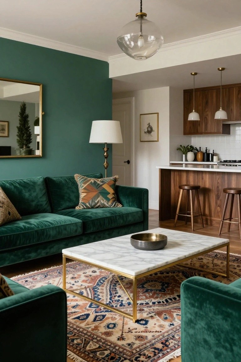 Emerald green living room with velvet sofas, marble coffee table on patterned rug, gold mirror, lamp, and open to wooden kitchen bar with stools and pendant lights.