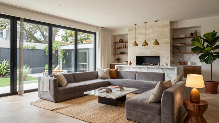 Open-plan interior with gray velvet sofa next to white marble kitchen peninsula, black cabinets, potted plants, gold pendant lights, and glass doors to pool area.