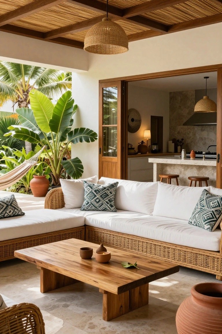 Covered outdoor terrace featuring an L-shaped white sofa with patterned cushions around a low wooden coffee table, potted plants, a hammock, large folding wooden doors open to an indoor kitchen with bar stools and terracotta pots.