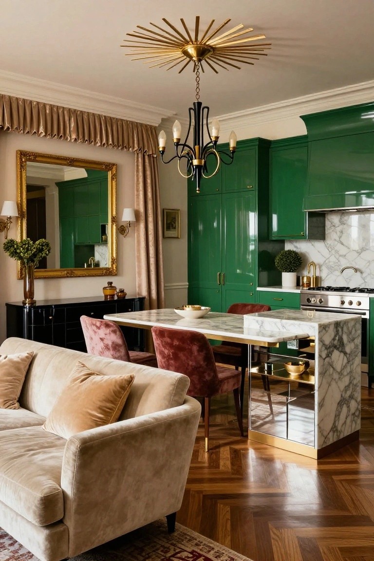 Open-plan interior with living room sofa in beige velvet, black console table, gold mirror, adjacent to white marble kitchen island with pink velvet chairs and gold base, glossy green lacquered cabinets, and herringbone wood floors.