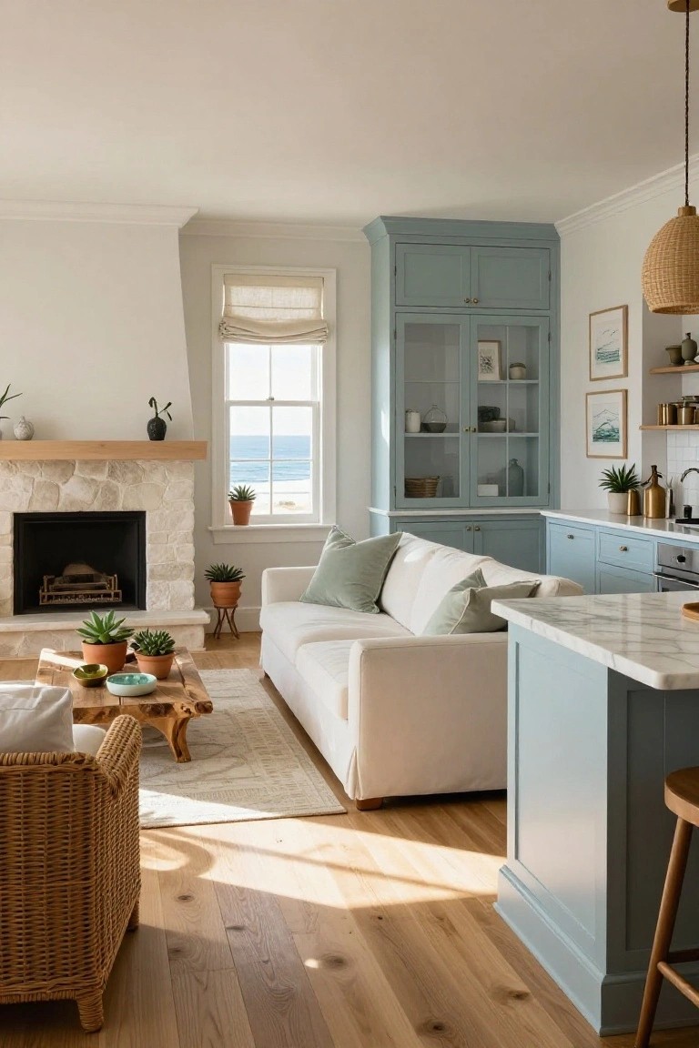 Open-plan living room with white sofa, rattan armchair, stone fireplace, potted plants, wooden coffee table, adjacent blue kitchen cabinets, marble island with stools, and large window showing ocean view.
