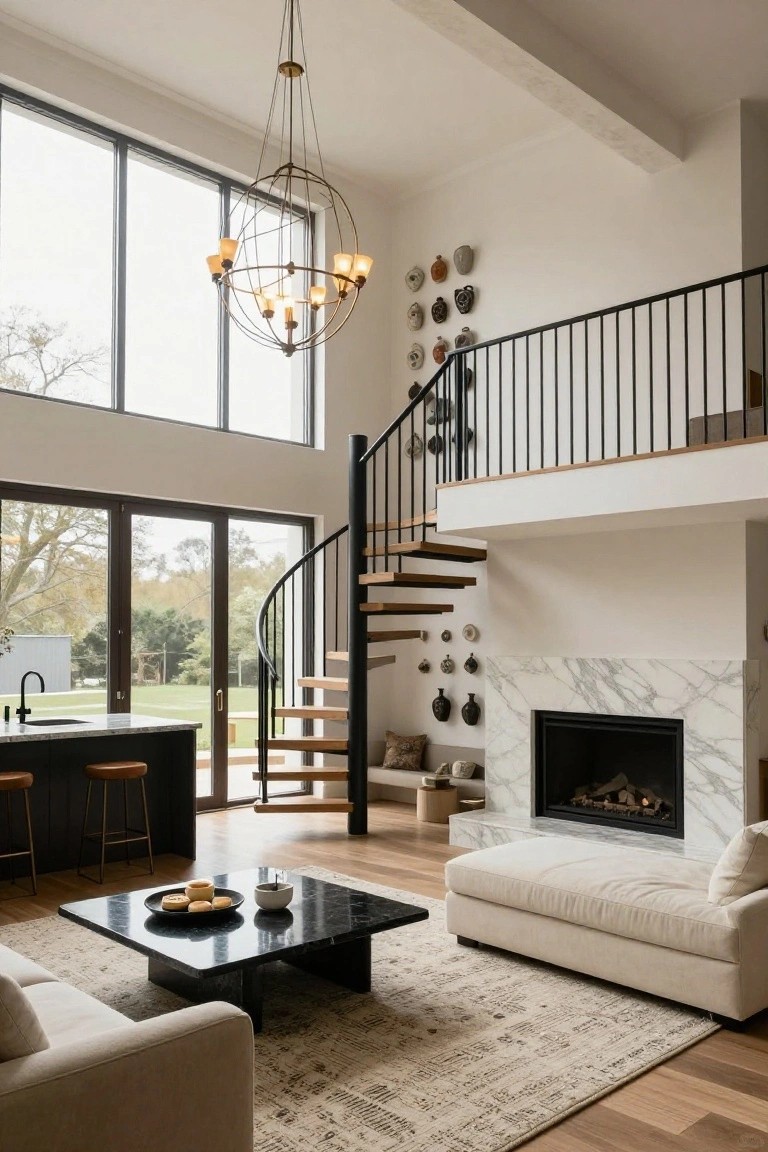 Modern open-plan living room interior with wooden spiral staircase to mezzanine, marble fireplace, kitchen island with bar stools, white sofa, black marble coffee table, large windows to garden view, and wall-mounted ceramics.