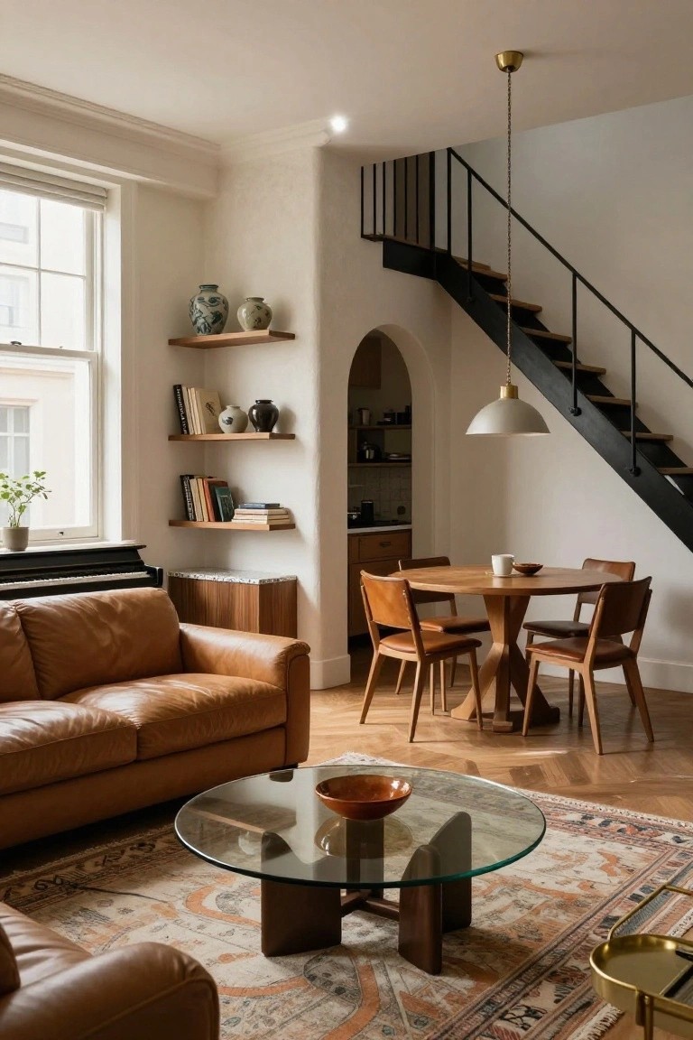Living room featuring a tan leather sofa, glass coffee table on an orange-patterned rug, wood dining table with leather chairs, black metal staircase with arched kitchen opening, wooden shelves with ceramics and plants near large windows.