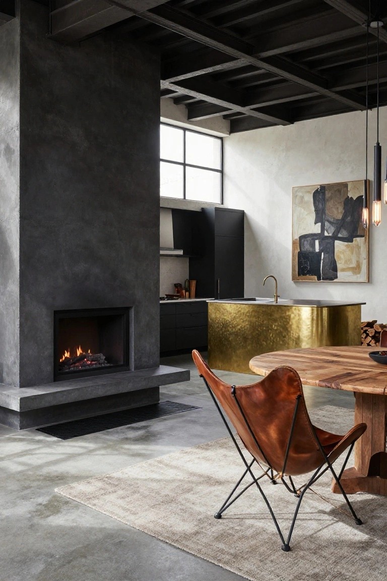 Open-plan interior with dark textured wall and gas fireplace, curved hammered gold kitchen island, wooden round table, brown leather butterfly chair, and polished concrete floor.
