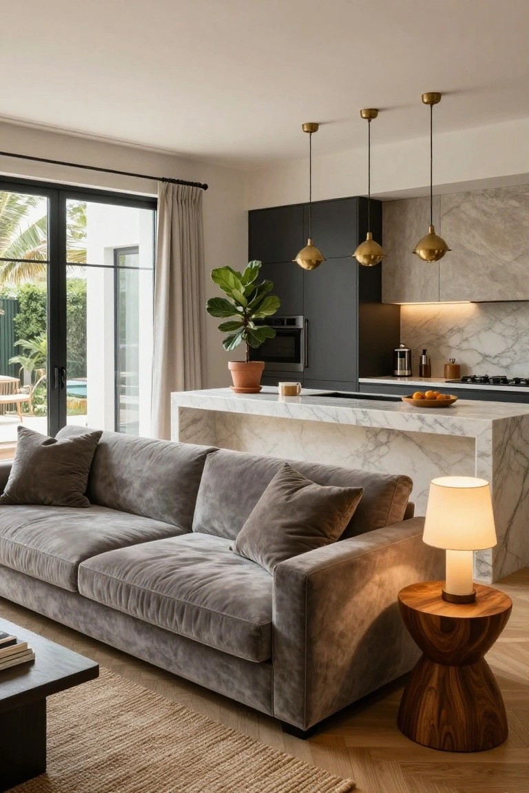 Open-plan interior with gray velvet sofa next to white marble kitchen peninsula, black cabinets, potted plants, gold pendant lights, and glass doors to pool area.