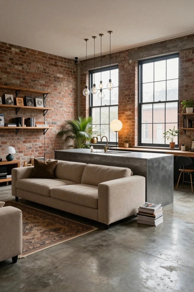 Open-plan loft living room with exposed red brick walls, polished concrete floor, beige L-shaped sofa against a large dark gray metal kitchen island with sink and faucet, pendant lights overhead, large black-framed windows, and wooden shelves.
