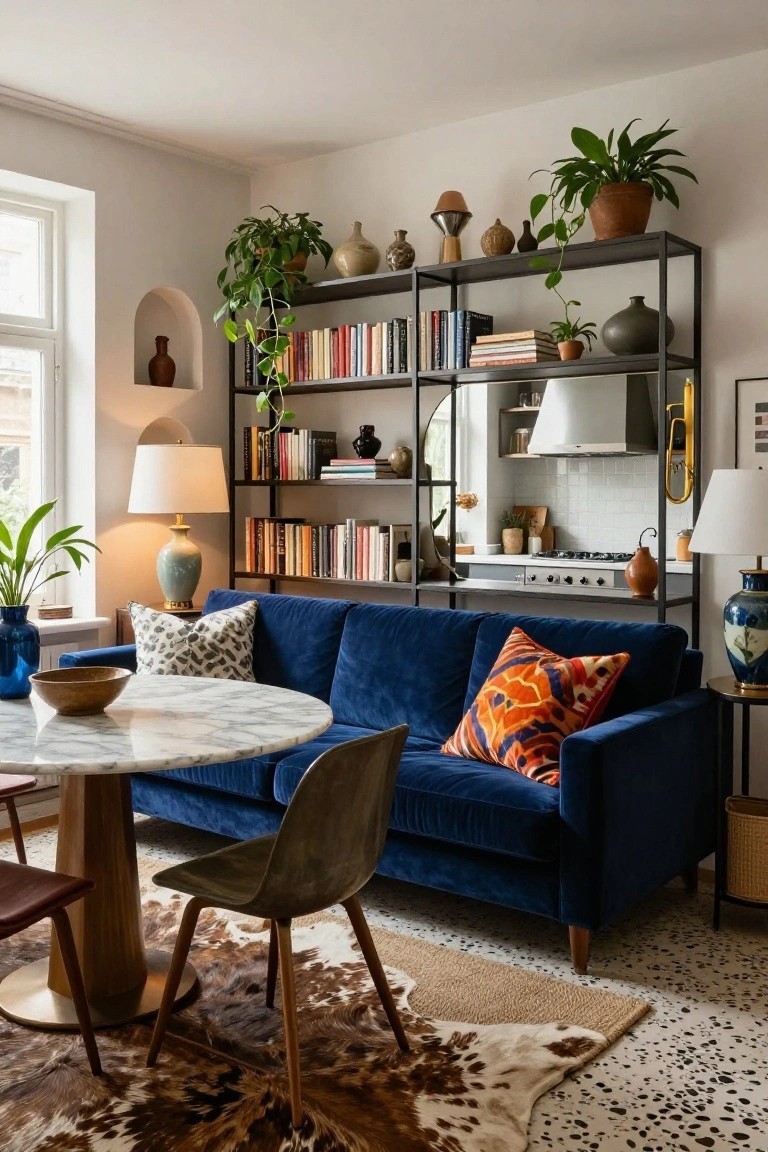 Open-plan interior with tall black metal shelving unit dividing living area from kitchen, navy blue velvet sofa by round white marble table, books plants ceramics on shelves, wood chairs and rugs on tiled floor.