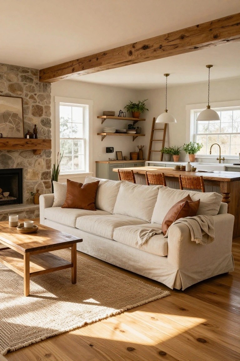 Open-plan interior with cream slipcovered sofa facing stone fireplace, exposed wooden ceiling beams, wooden coffee table on jute rug, wooden kitchen island with woven stools, plants, and windows letting in sunlight.