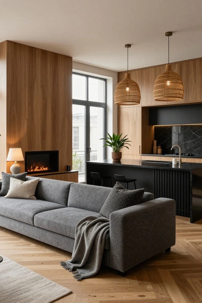 Open-plan living room and kitchen interior with light wood wall paneling and cabinets, gray sofa with pillows and throw, gas fireplace, black island with stools, rattan pendant lights, and herringbone oak flooring.