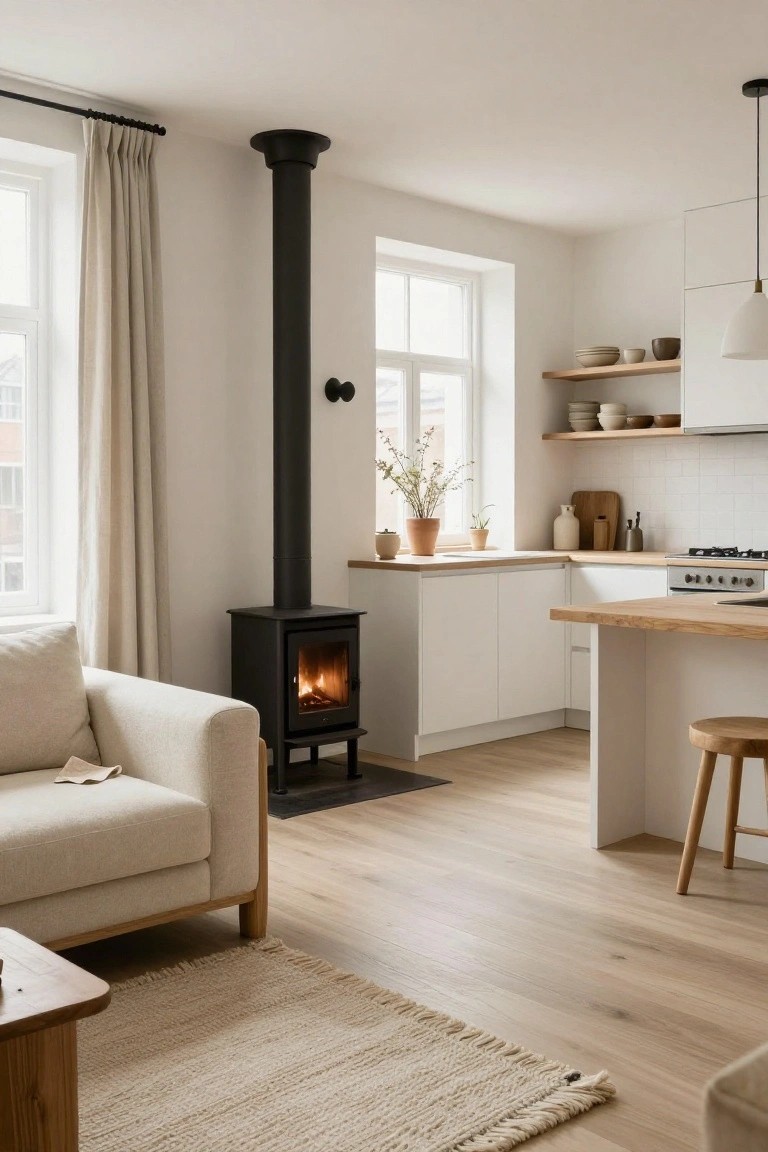 Open-plan interior with a lit black freestanding wood-burning stove next to a beige sofa, white kitchen cabinets, wooden floors and bar stools, open shelves, and large curtained windows.