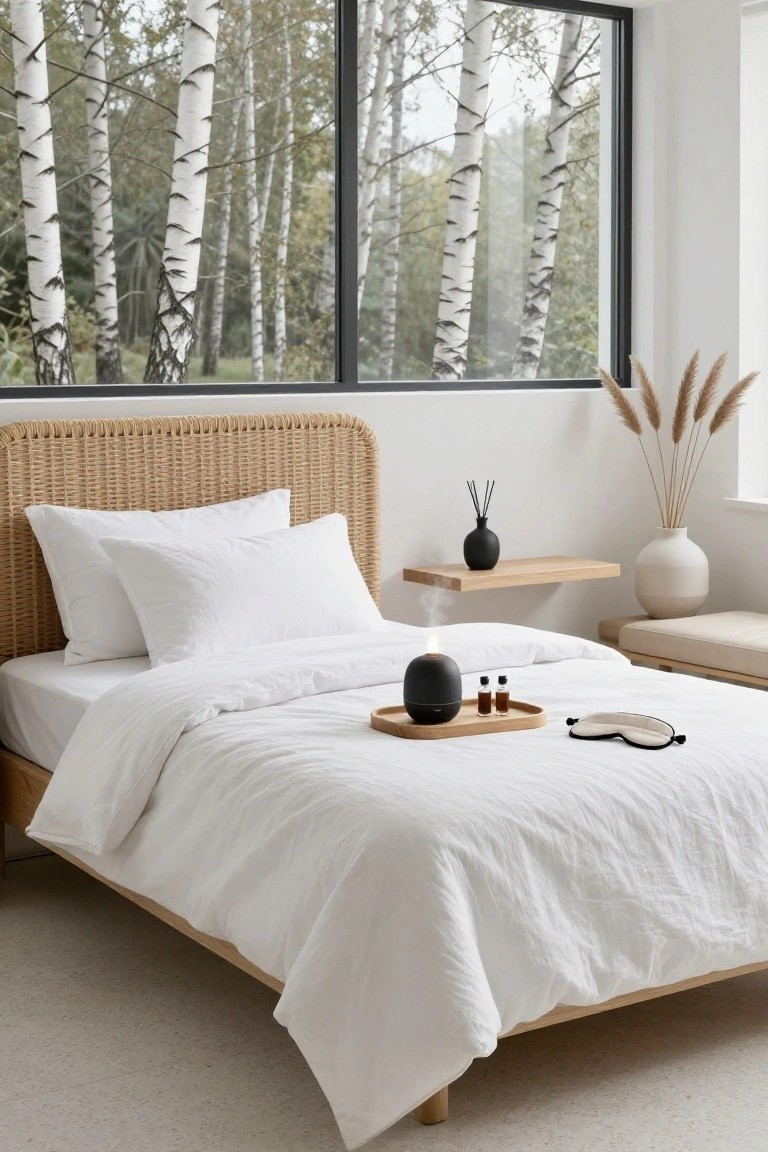 White bed with rattan headboard and linen bedding in a bright room with large windows showing birch trees outside, wooden tray on bed holding black diffuser, oil bottles, candle, and eye mask.