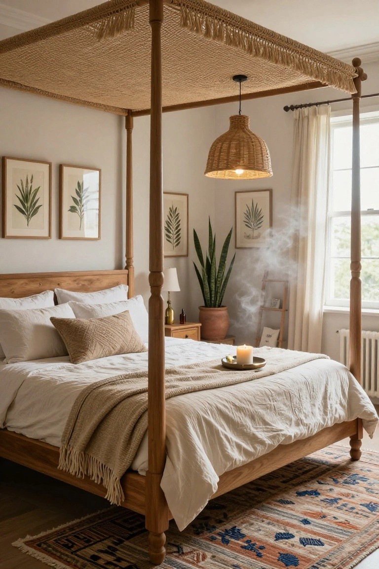 Wooden four-poster bed with beige woven canopy in a light gray bedroom, featuring white bedding, a lit white candle on a gold tray on the bed, snake plant in terracotta pot, incense smoke, wall art, and rattan pendant light.