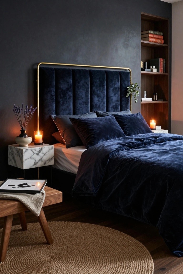 Dark navy velvet tufted headboard with gold metal frame on a bed with matching duvet, marble nightstand holding lavender stems in a white ceramic vase, two lit candles, and a wood stool nearby in a bedroom with built-in wood shelving.