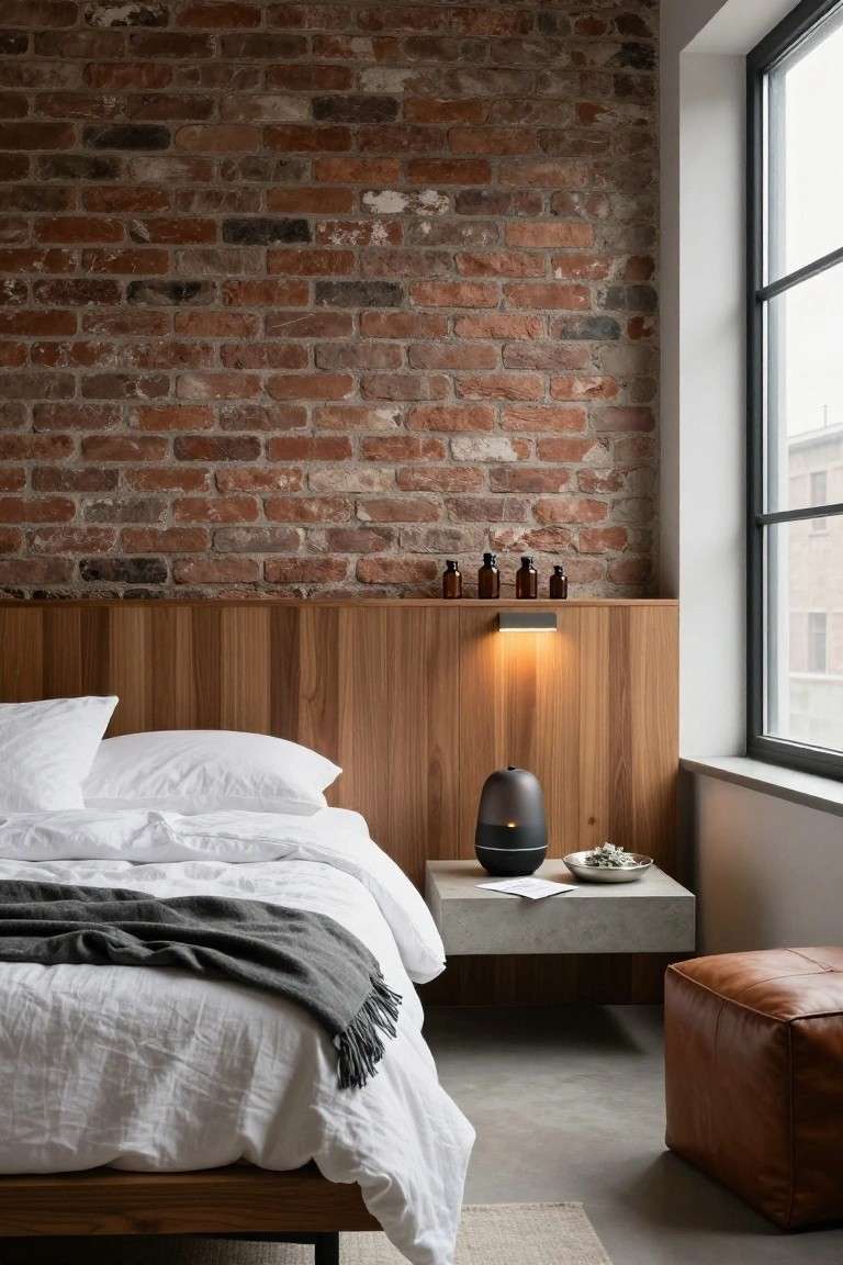 Exposed brick wall bedroom with wooden headboard panel, white bedding on low bed, floating concrete nightstand holding black diffuser and dish, essential oil bottles on shelf, leather ottoman, and large window.