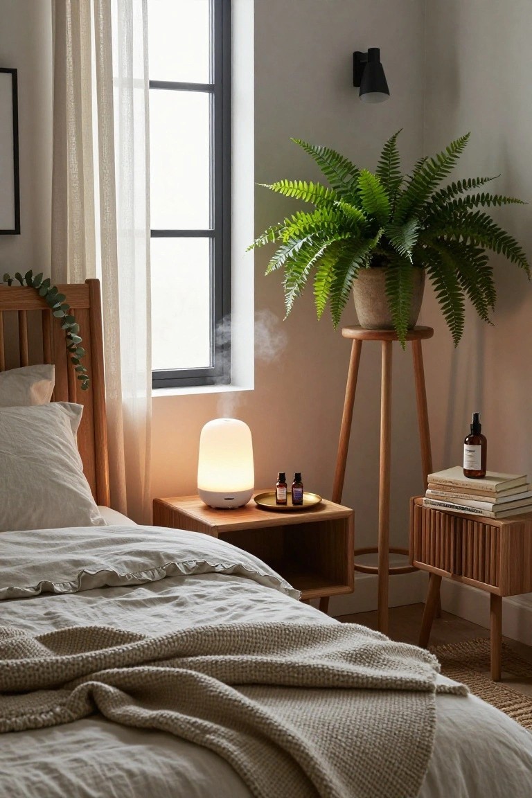 Bedroom corner featuring a wooden bed with white linens and knit throw, nightstand with glowing white diffuser emitting mist, essential oil bottles, tray, books, tall fern plant on wooden stand, and window with sheer curtains.