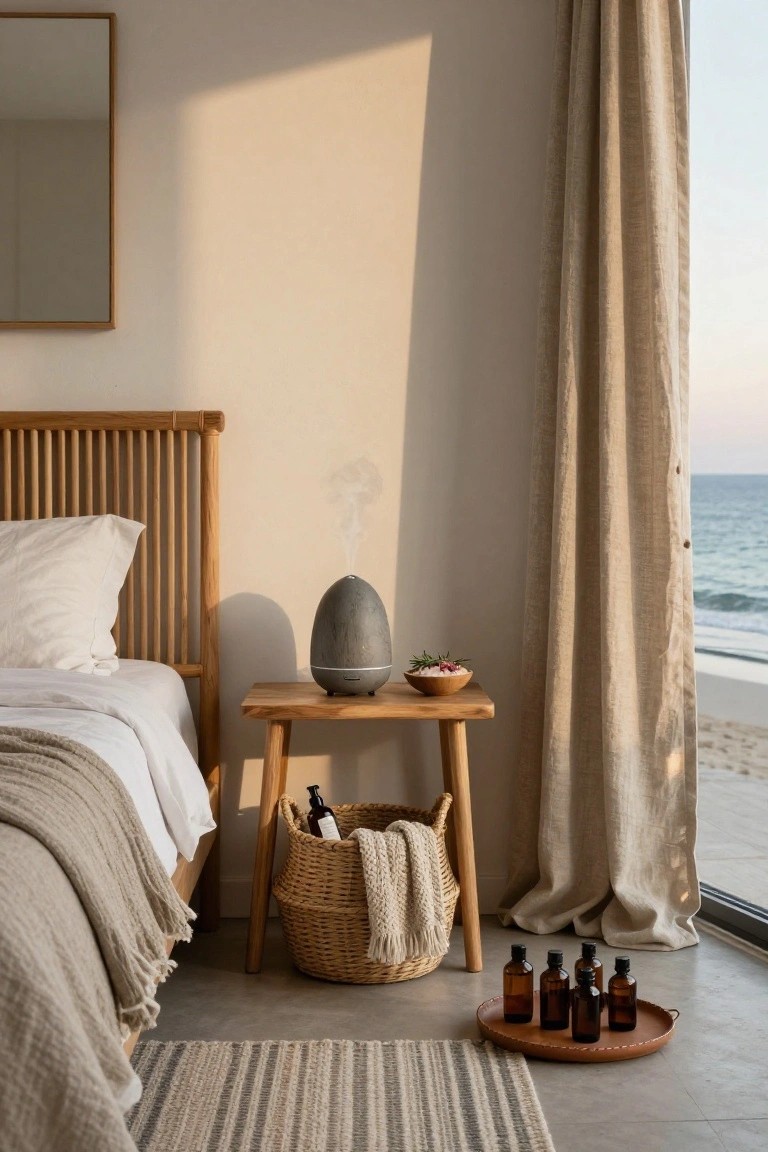Minimalist bedroom with rattan headboard bed draped in white sheets and gray throw, wooden nightstand holding gray stone diffuser emitting mist and small bowl of herbs, wicker basket with lotion bottle, essential oil bottles on terracotta tray on floor, linen curtains framing ocean view.