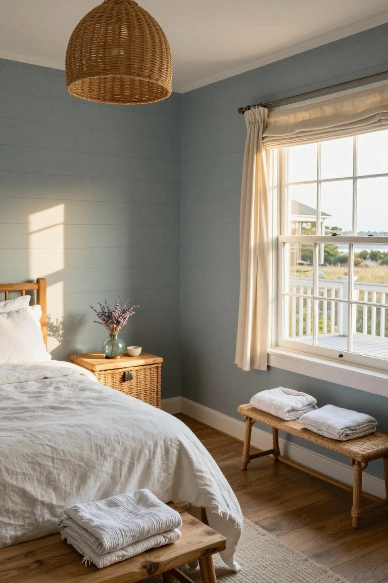 Light blue shiplap-walled bedroom with white bed linens, wooden bed frame, wicker nightstand holding green glass vase of lavender flowers and white cup, folded white towels on rattan bench, large window with beige curtains showing porch and water view, wicker pendant lamp overhead.
