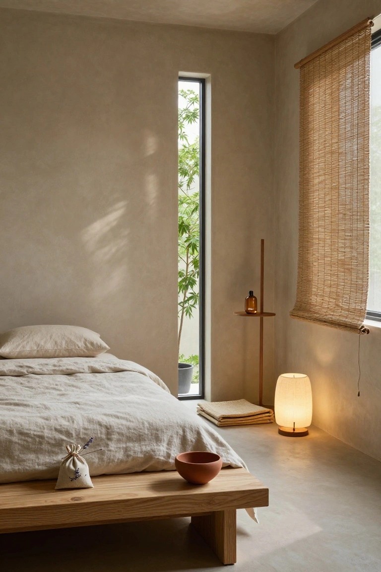 Minimalist bedroom featuring a low wooden platform bed with white linens, a fabric lavender sachet, ceramic bowl, wooden side stand with bottle, rice paper lamp, folded fabrics, bamboo blinds, and tall window with potted plant.