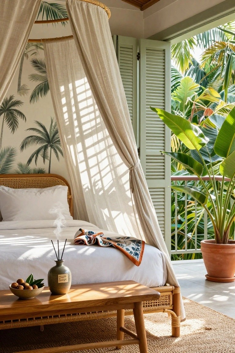 A sunlit bedroom featuring a rattan canopy bed with white linens and sheer drapes, palm wallpaper on walls, open green shutters to a tropical balcony with plants, and a wooden bench holding a reed diffuser bottle with sticks, a bowl of fruit, and a colorful throw.